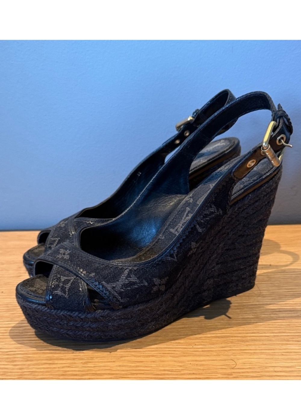 Louis Vuitton Black Monogram Canvas Wedge Espadrilles - Picture 2 of 5